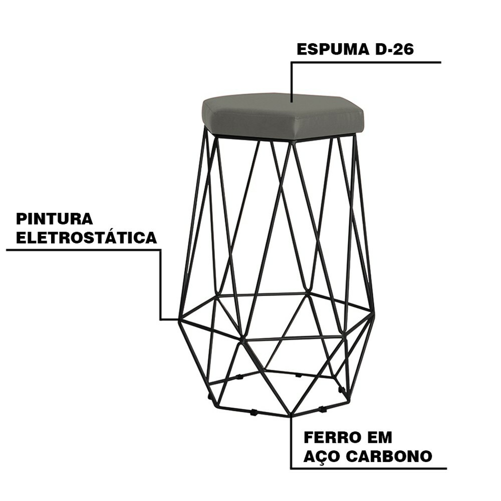 Banqueta Decorativa Rubel Base Preta Suede Cinza G41 - Gran Belo