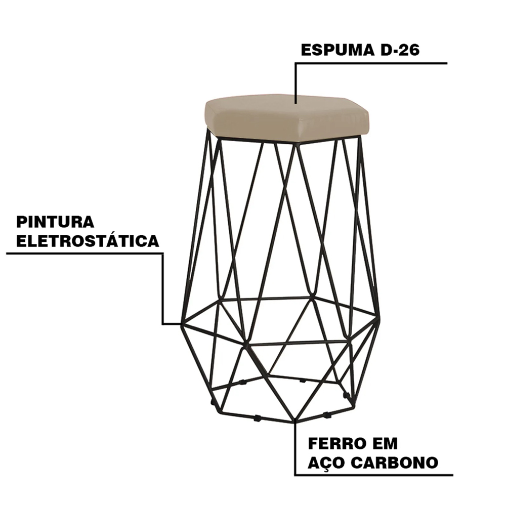 Banqueta Decorativa Rubel Base Preta Veludo Bege - Gran Belo