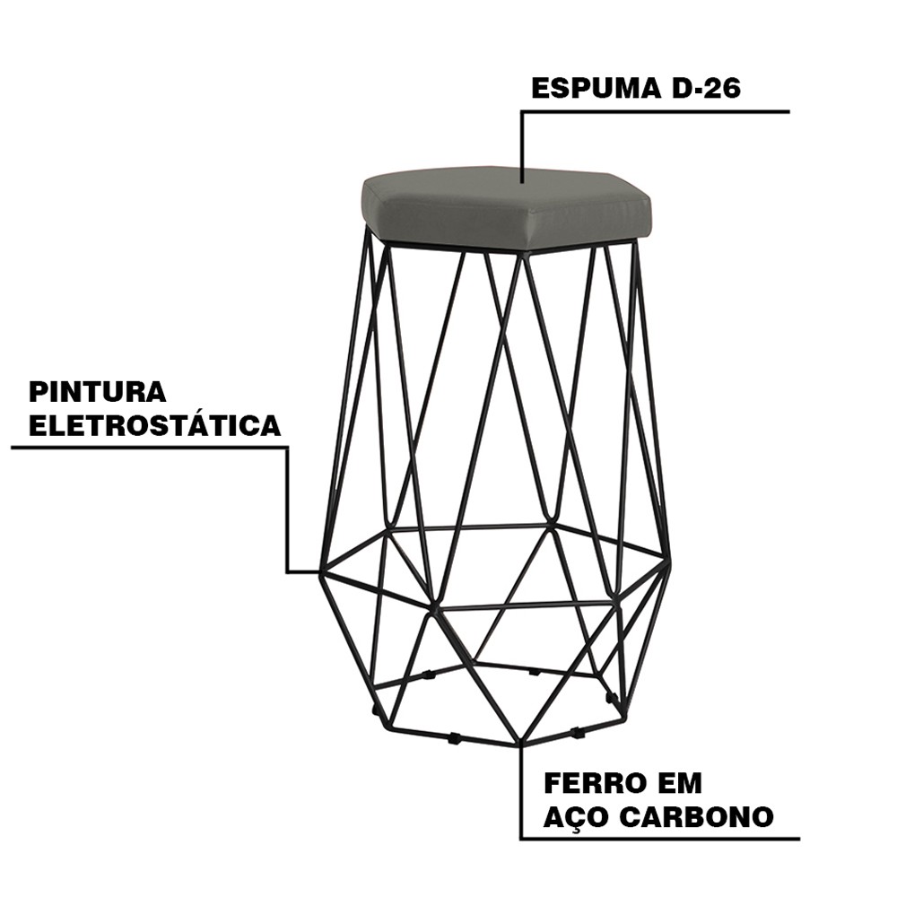 Banqueta Decorativa Rubel Base Preta Veludo Cinza - Gran Belo