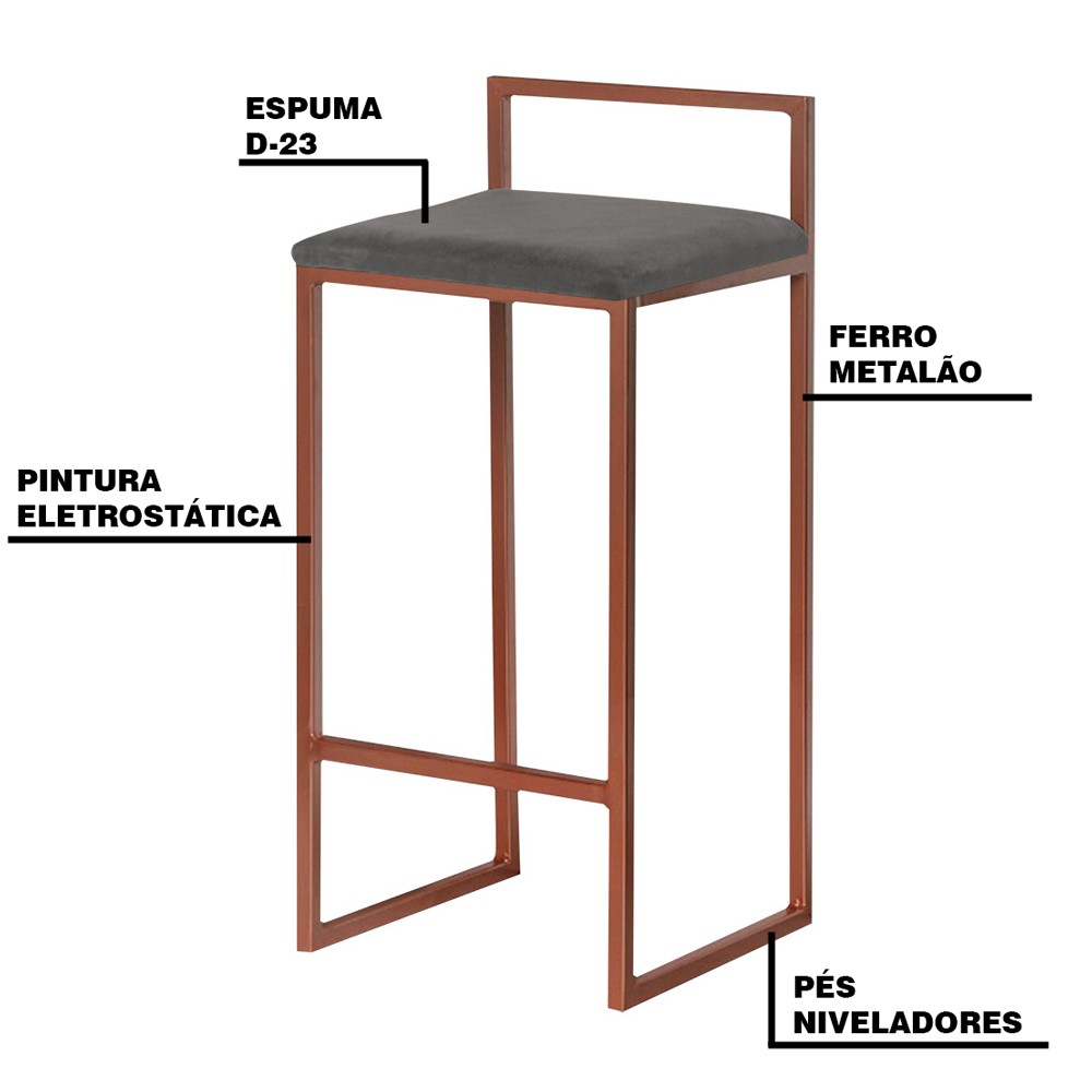 Banqueta Decorativa Selena Base Bronze Suede Cinza G41 - Gran Belo