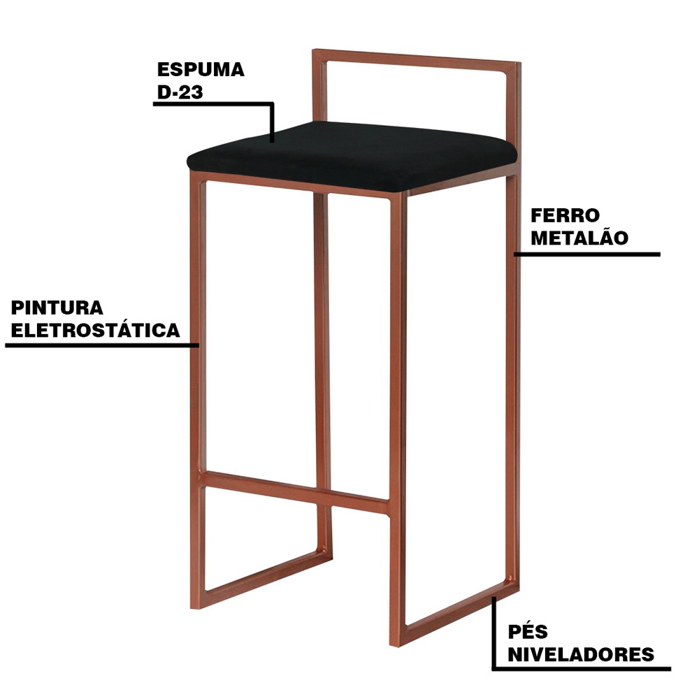 Banqueta Decorativa Selena Base Bronze Suede Preto G41 - Gran Belo