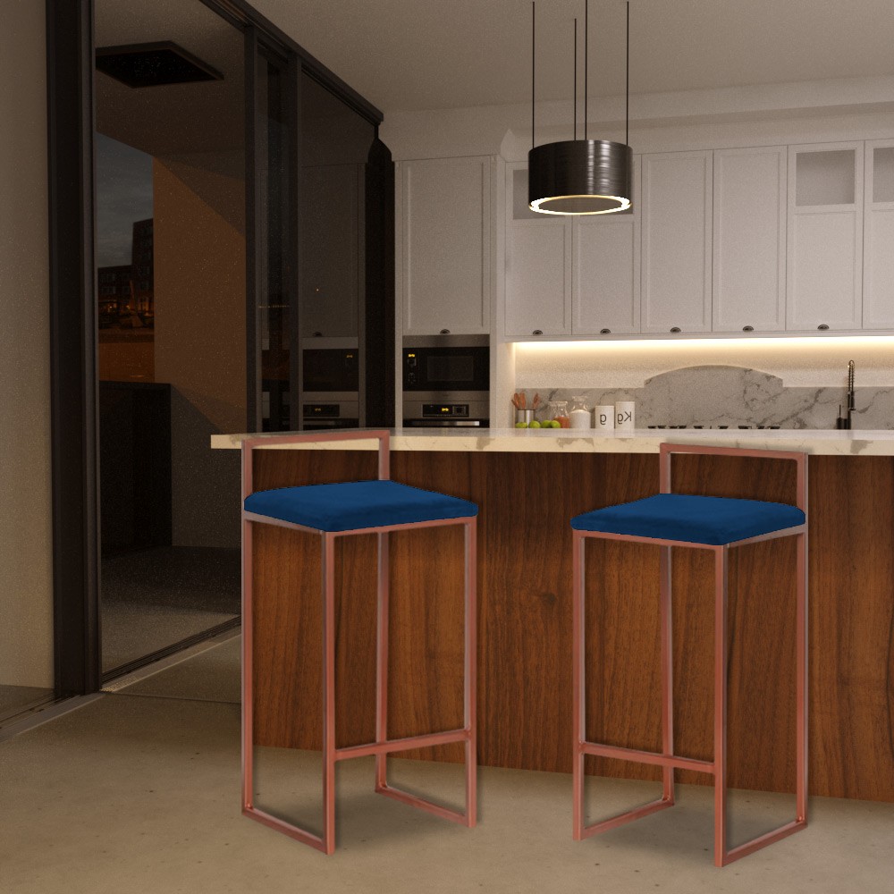 Banqueta Decorativa Selena Base Bronze Veludo Azul G41 - Gran Belo