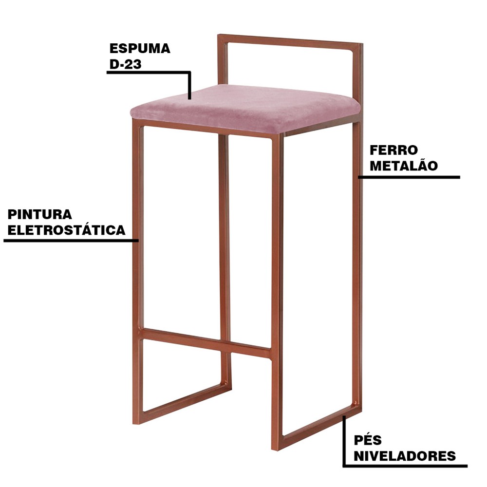 Banqueta Decorativa Selena Base Bronze Veludo Rosê - Gran Belo