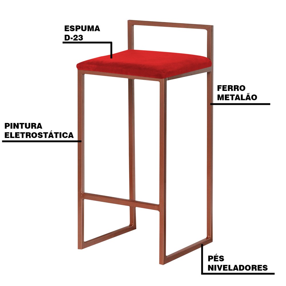 Banqueta Decorativa Selena Base Bronze Veludo Vermelho - Gran Belo