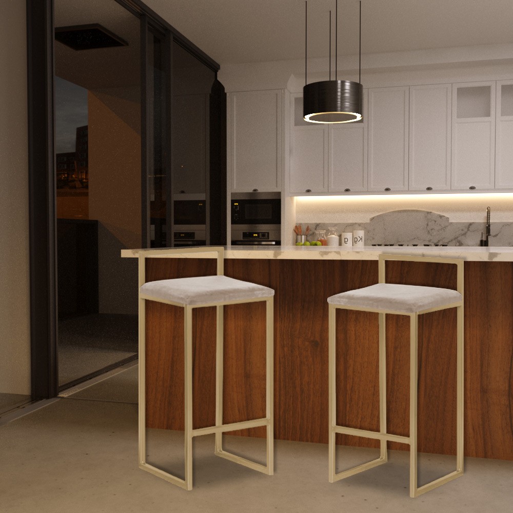 Banqueta Decorativa Selena Base Gold Suede Cappuccino G41 - Gran Belo