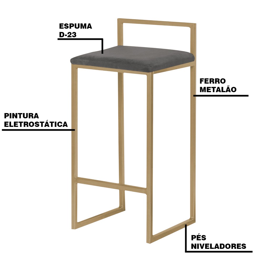 Banqueta Decorativa Selena Base Gold Suede Cinza G41 - Gran Belo