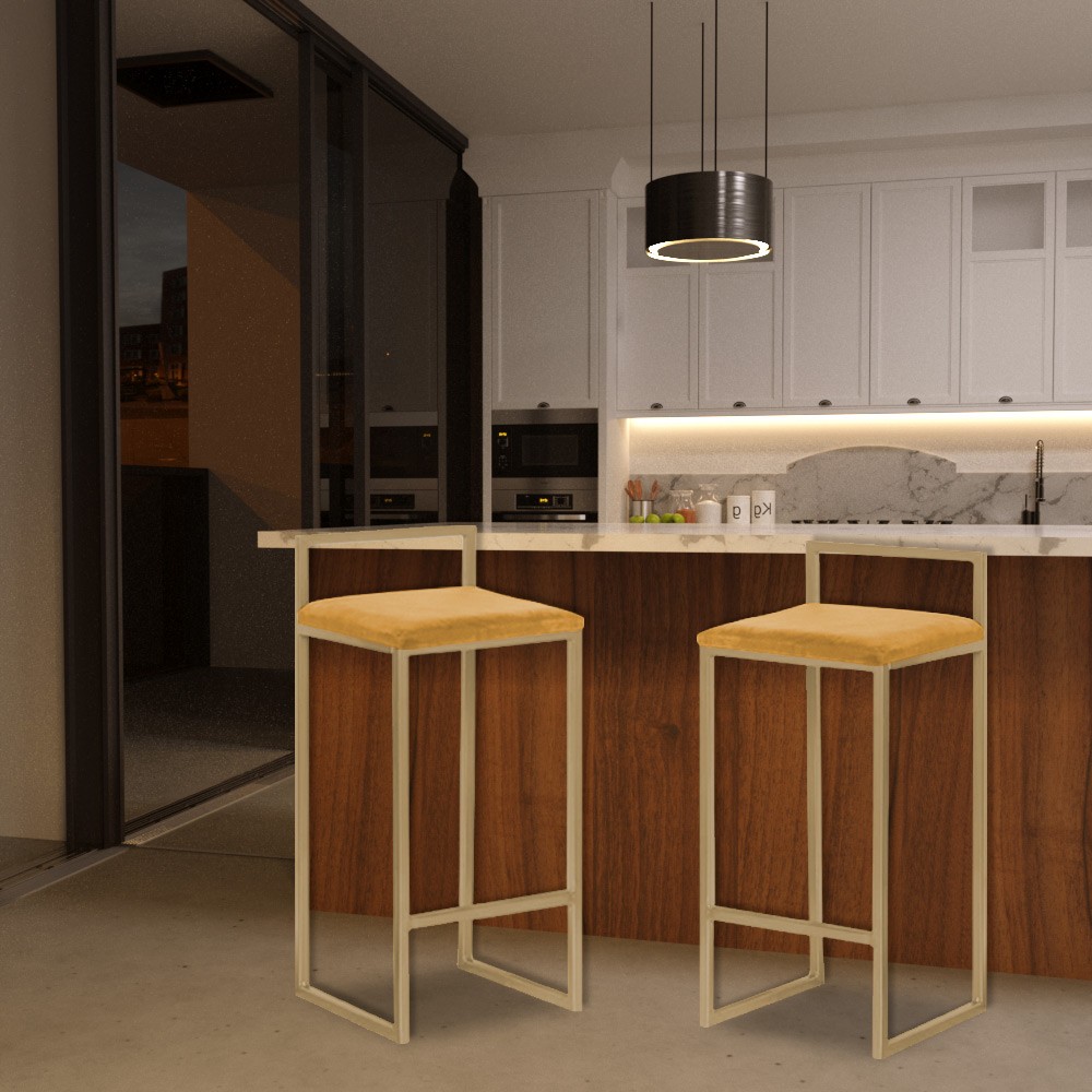 Banqueta Decorativa Selena Base Gold Suede Mostarda G41 - Gran Belo