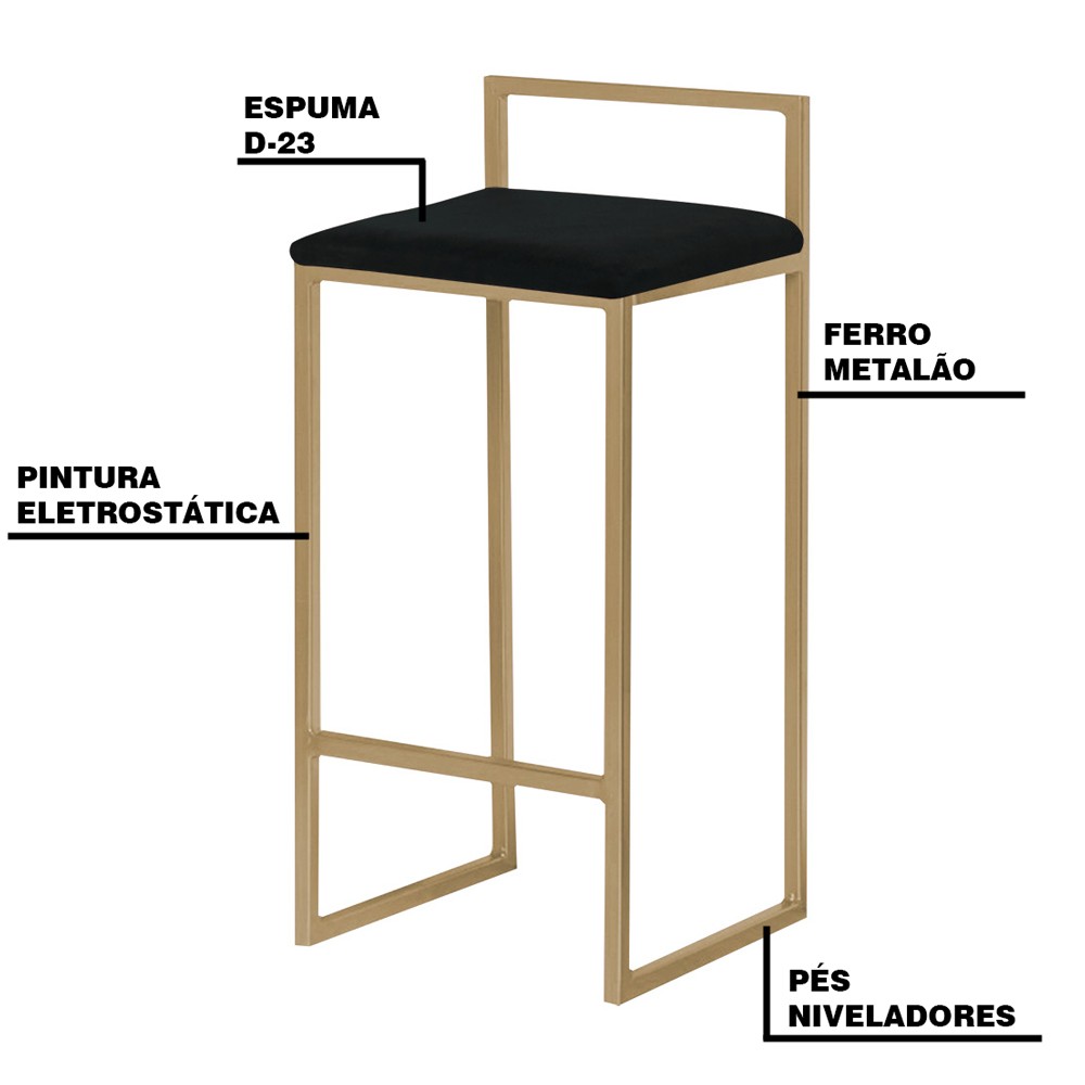 Banqueta Decorativa Selena Base Gold Suede Preto G41 - Gran Belo