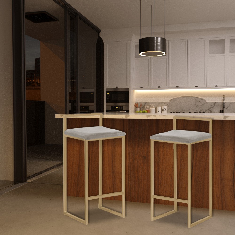 Banqueta Decorativa Selena Base Gold Veludo Cinza G41 - Gran Belo