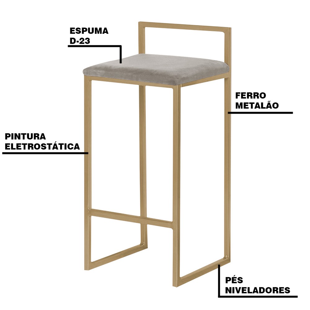 Banqueta Decorativa Selena Base Gold Veludo Cinza G41 - Gran Belo