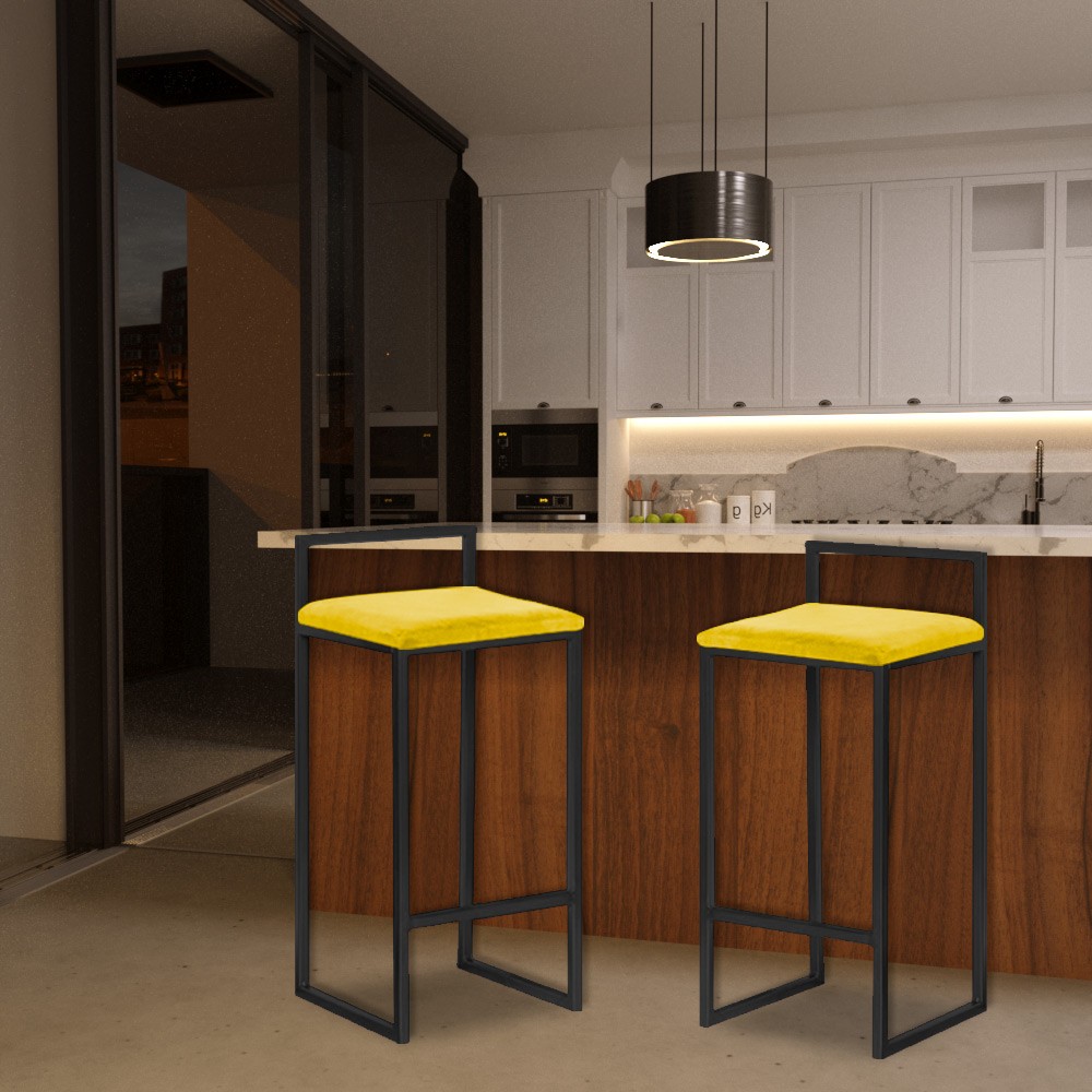 Banqueta Decorativa Selena Base Preta Suede Amarelo G41 - Gran Belo