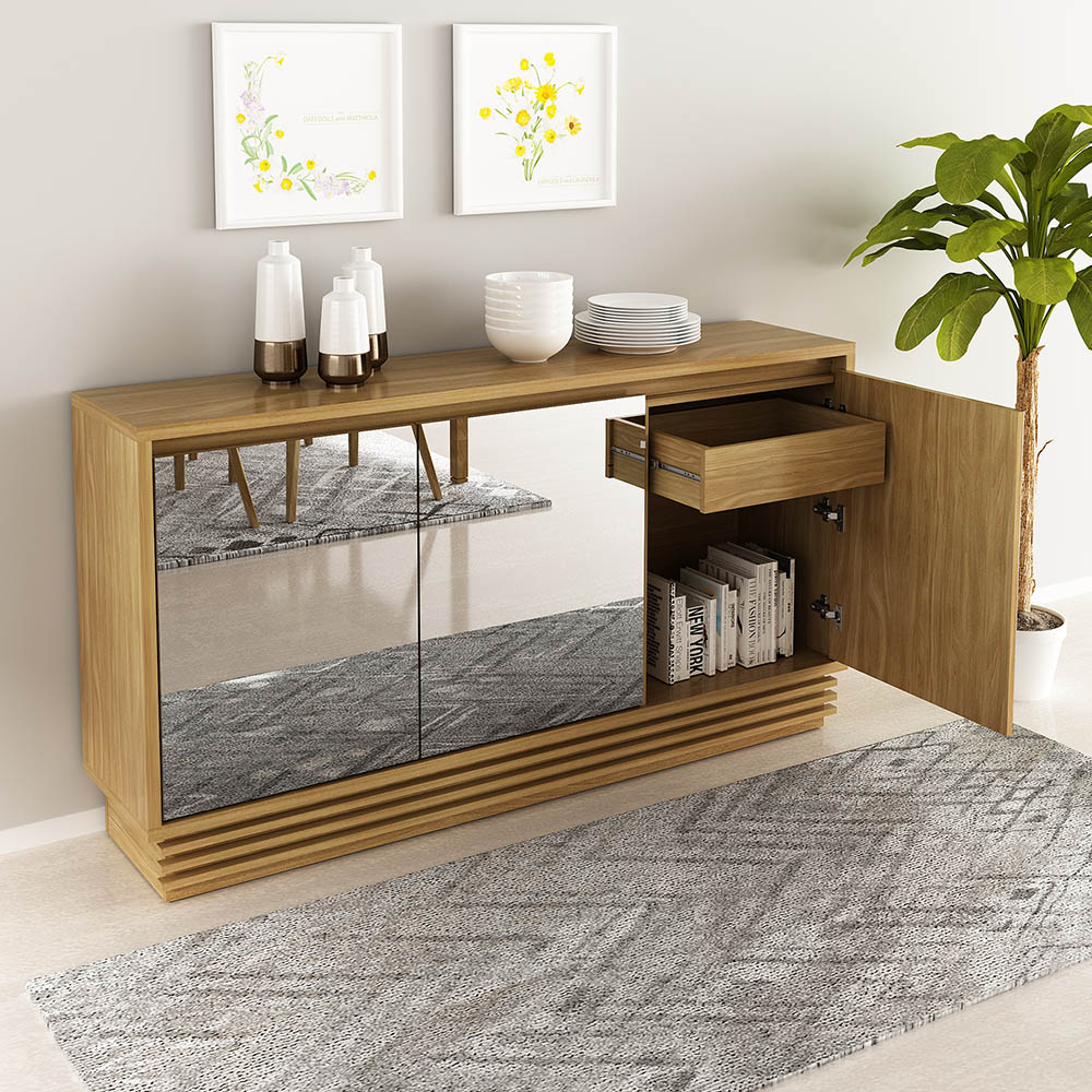 Buffet Aparador Balcão Sala de Jantar com Espelho nas Portas BB2609 MDP Natural G69 - Gran Belo