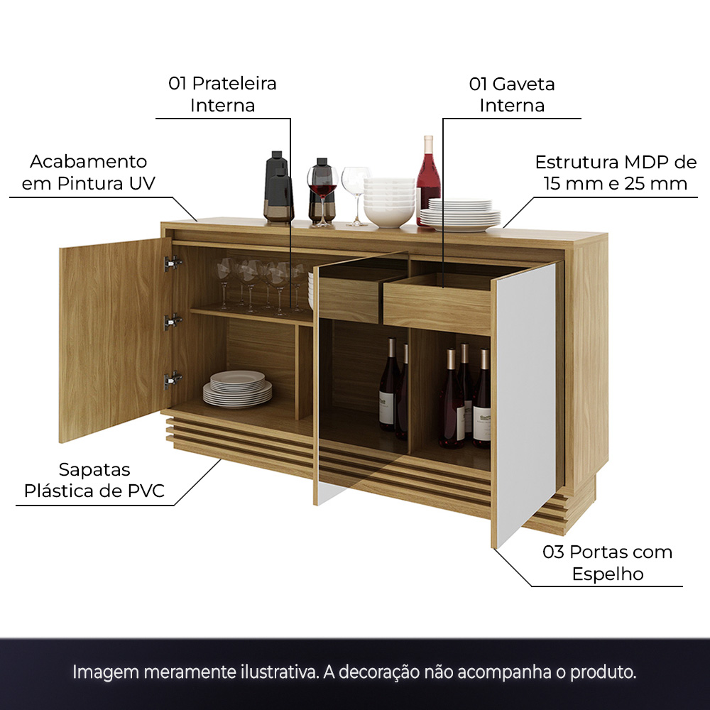 Buffet Aparador Balcão Sala de Jantar com Espelho nas Portas BB2609 MDP Natural G69 - Gran Belo