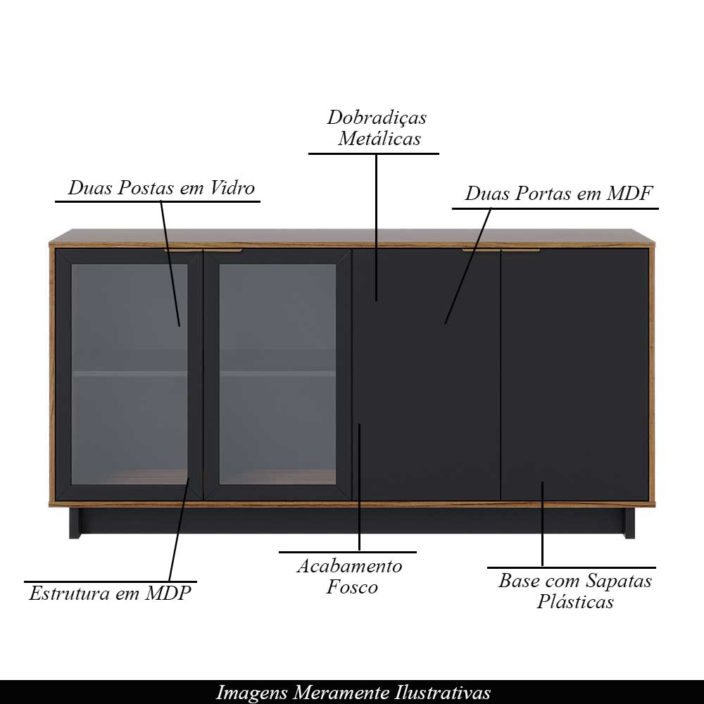 Buffet Aparador Decorativo 160cm Gunga Noce/Preto G73 - Gran Belo