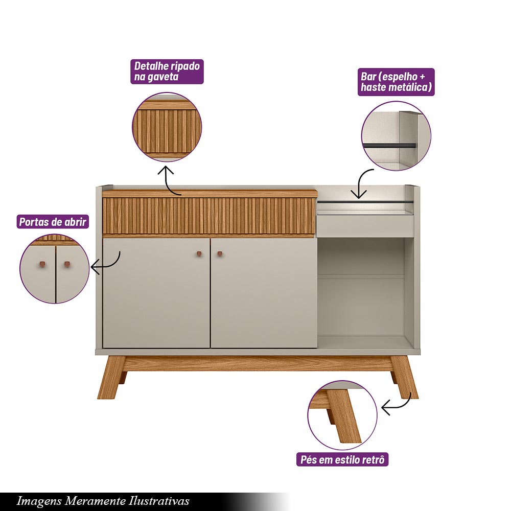 Buffet Aparador Decorativo Modric Detalhe Ripado 133cm Nature/Off White G77 - Gran Belo