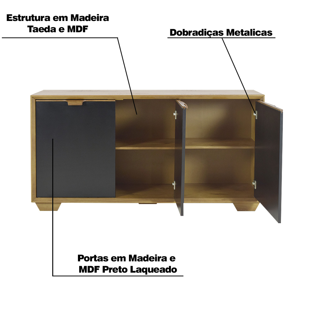 Buffet Aparador Decorativo Shaman em Madeira Castanho/Preto - Gran Belo