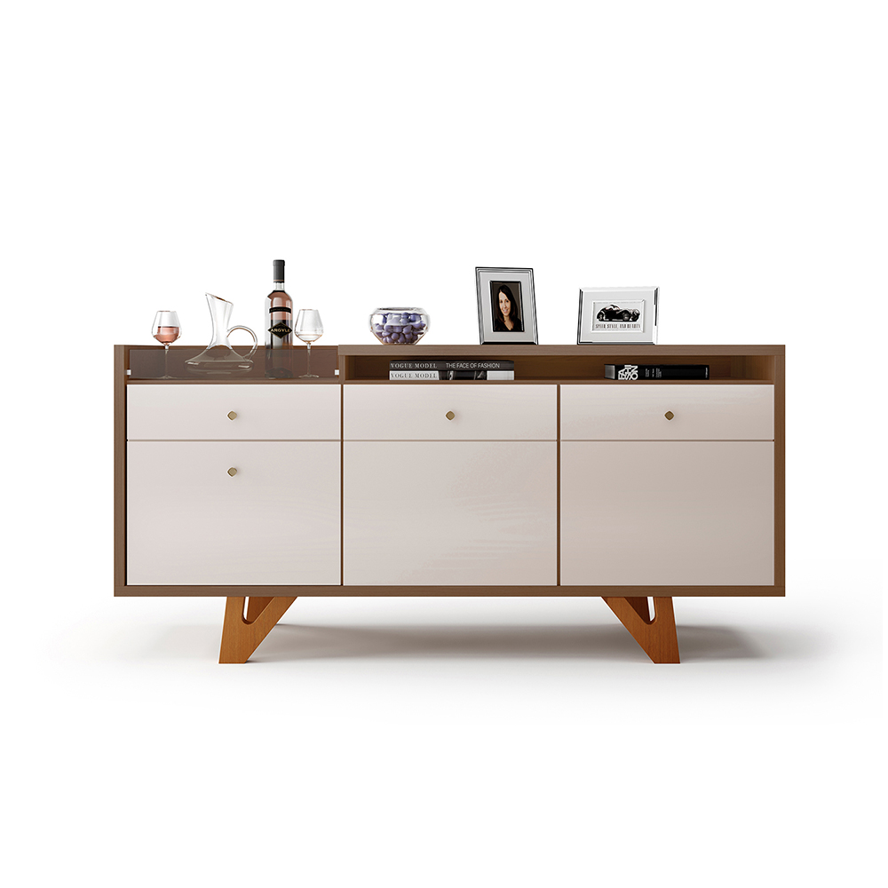 Buffet Aparador Noeli com Bandeja Lateral MDP/MDF Pés em Madeira Castanho/Off White G26 - Gran Belo