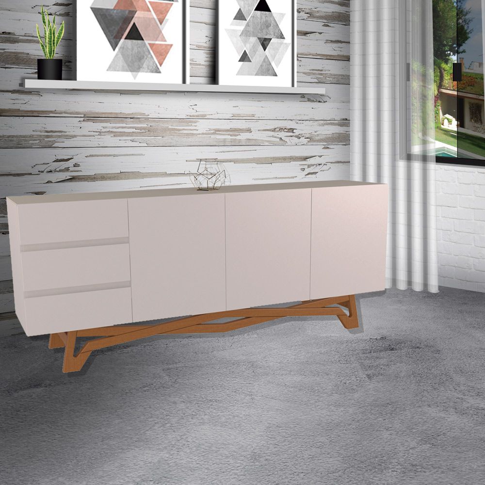 Buffet Balcão Sala de Jantar 200cm Tampo de Vidro Aaron Off White/Champagne G60 - Gran Belo