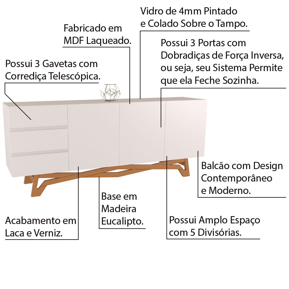 Buffet Balcão Sala de Jantar 200cm Tampo de Vidro Aaron Off White/Champagne G60 - Gran Belo