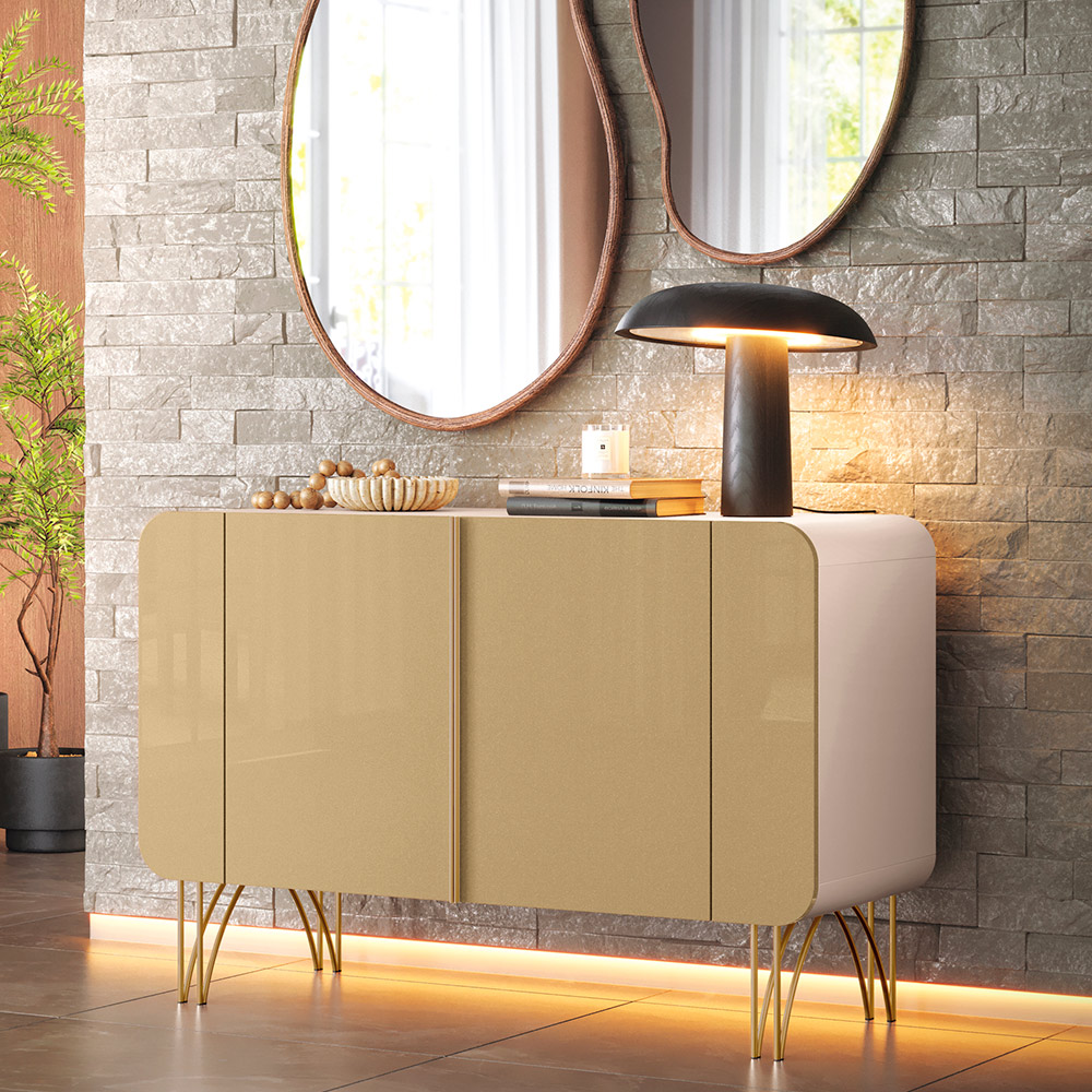 Buffet Benvenuto MDP/MDF Decorativo Sala de Estar Pés em Aço Off White/Champagne G26 - HB Móveis