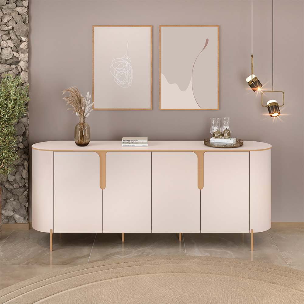 Buffet Decorativo América 4 Portas Pés Metálicos Dourados Off White G18 - Gran Belo
