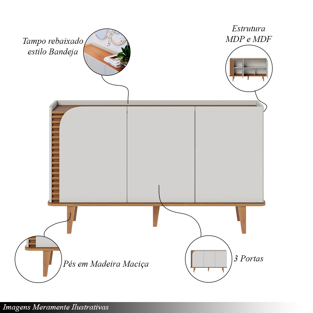 Buffet Decorativo Sala de Jantar Versátil Village 1,36cm Pés de Madeira Off-White/ Freijó G73 - Gran Belo