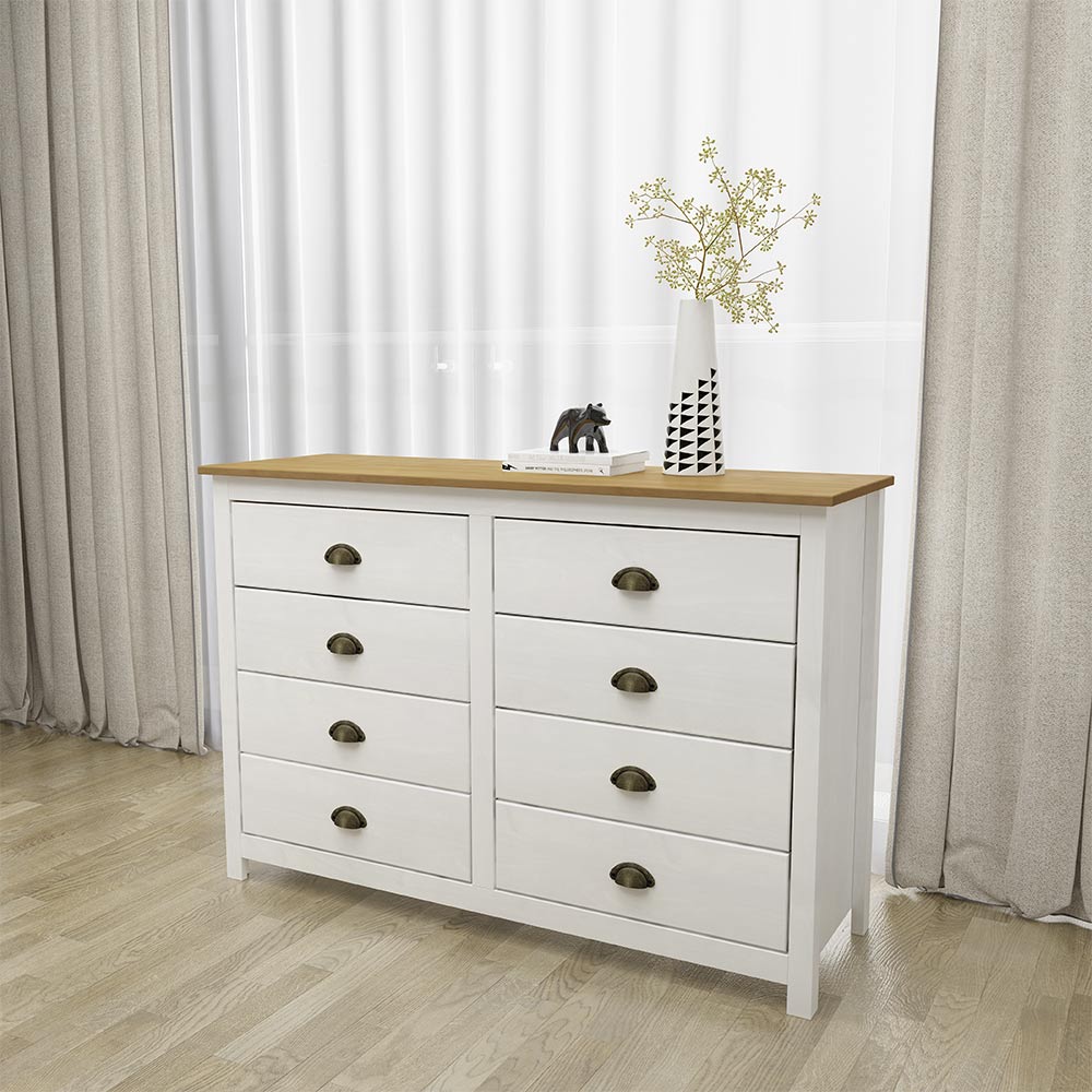 Cômoda Decorativa 8 Gavetas Madeira Maciça Osiris Branco/Freijó - G74 - Gran Belo