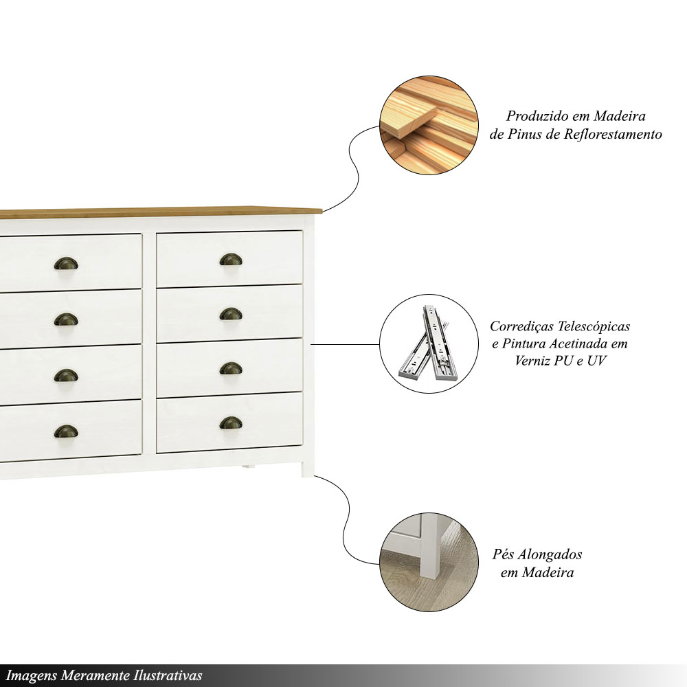 Cômoda Decorativa 8 Gavetas Madeira Maciça Osiris Branco/Freijó - G74 - Gran Belo