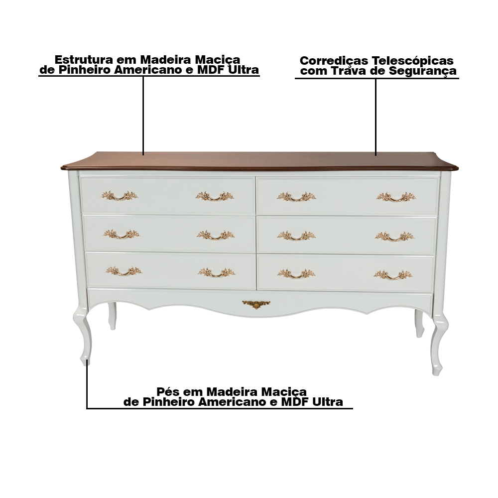 Cômoda Decorativa Beethoven com 6 Gavetas Branco/Imbuía G71 - Gran Belo