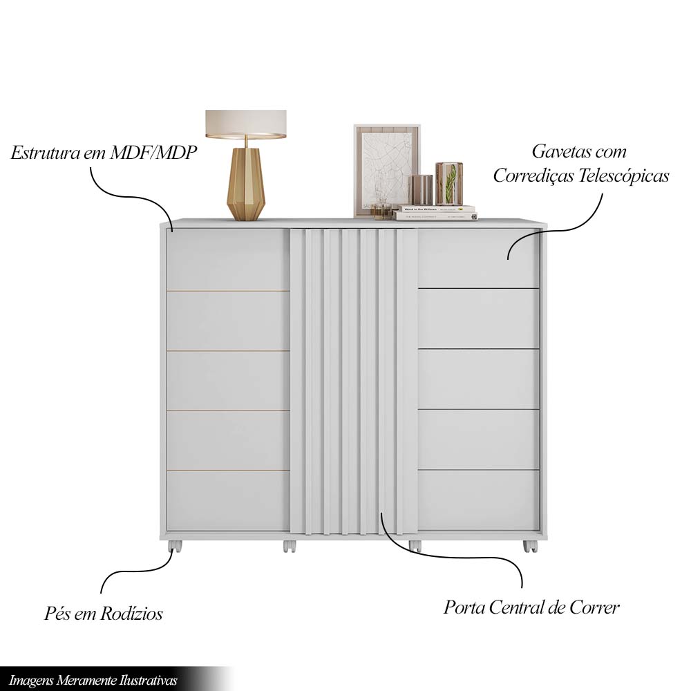 Cômoda Decorativa Caesar MDF/MDP Pés Rodízios Branco Fosco G11 - Gran Belo