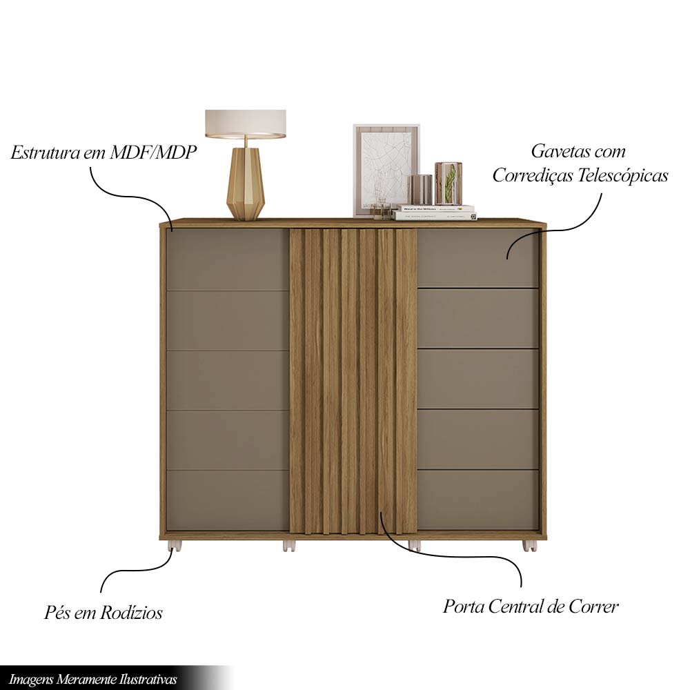 Cômoda Decorativa Caesar MDF/MDP Pés Rodízios Buriti/Fendi G11 - Gran Belo