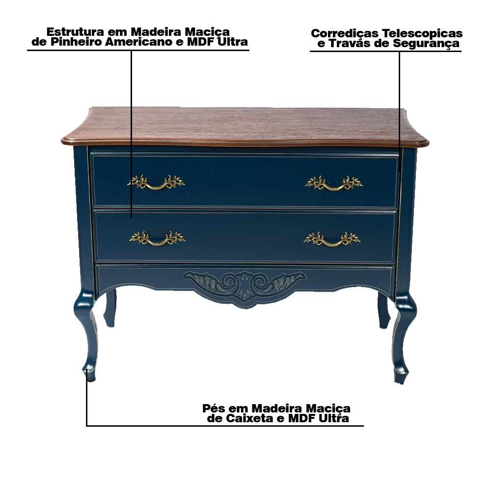 Cômoda Decorativa Julieta com 2 Gavetas Azul/Imbuía G71 - Gran Belo