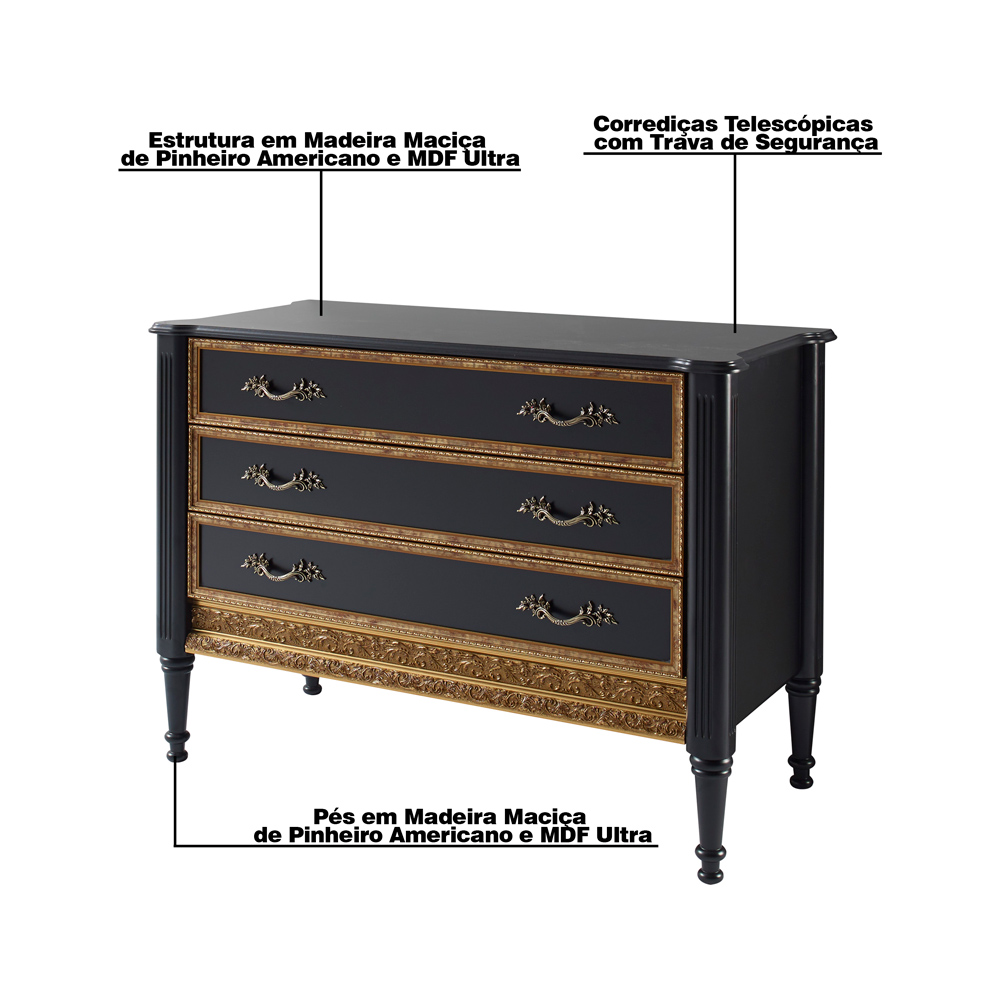 Cômoda Decorativa Munchen com 3 Gavetas Preto G71 - Gran Belo