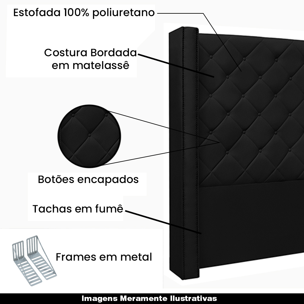 Cabeceira Decorativa King Size 2,19M Loewe PU Preto G63 - Gran Belo