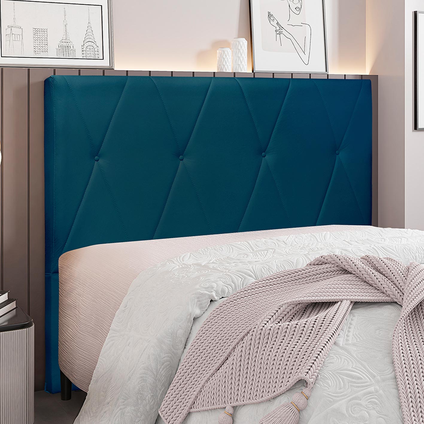 Cabeceira Decorativa Queen Size 1,60M Yves Veludo Azul Marinho G63 - Gran Belo