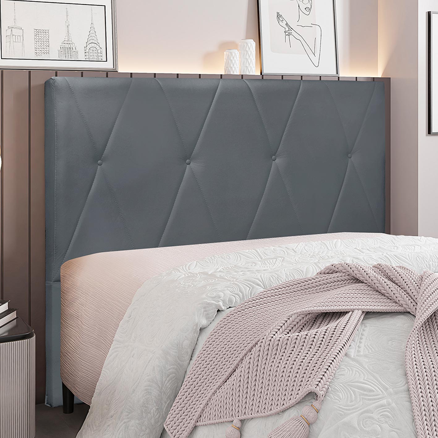 Cabeceira Decorativa Queen Size 1,60M Yves Veludo Cinza G63 - Gran Belo