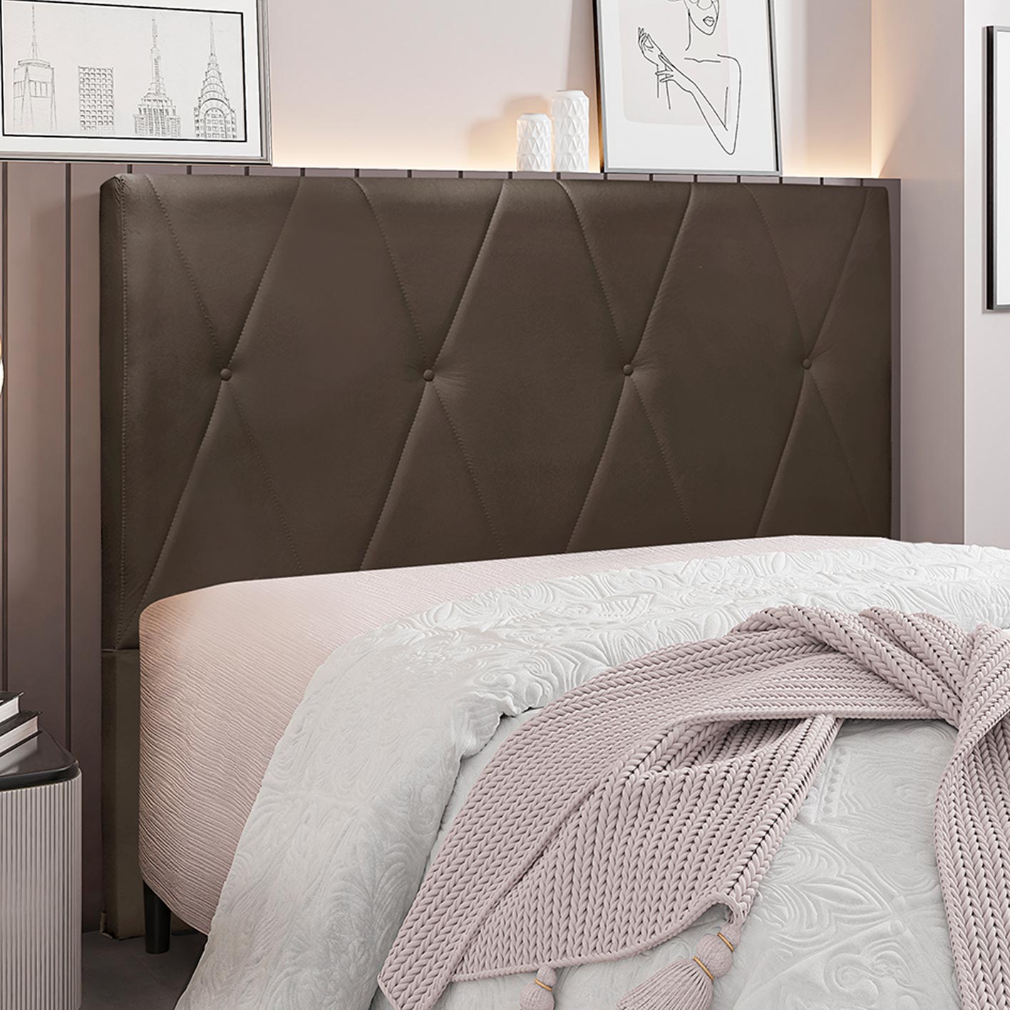 Cabeceira Decorativa Queen Size 1,60M Yves Veludo Marrom G63 - Gran Belo