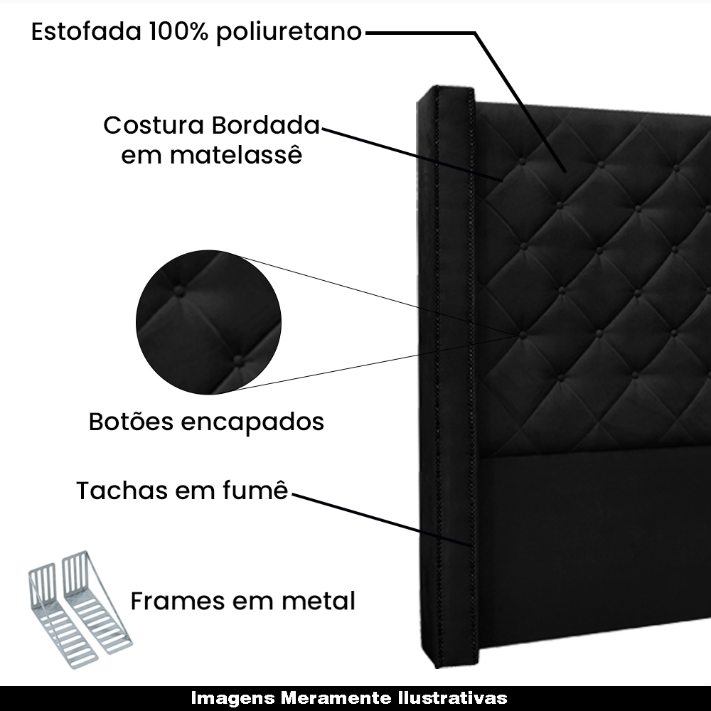 Cabeceira Decorativa Queen Size 1,84M Loewe Suede Preto G63 - Gran Belo