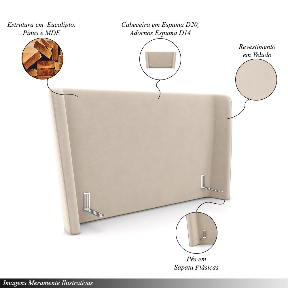 Cabeceira Design para Cama Casal Torres Pés em Madeira Veludo Bege G91 - Gran Belo
