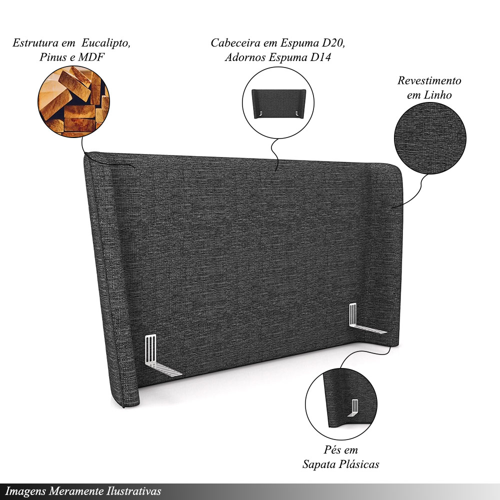Cabeceira Design para Cama Queen Torres Pés em Madeira Linho Chumbo G91 - Gran Belo