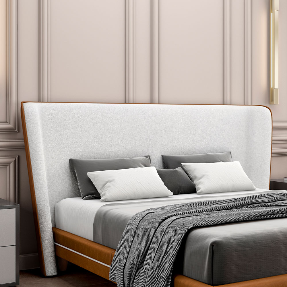 Cabeceira Design para Cama Queen Torres Pés em Madeira PU/Bouclê Caramelo/Off White G91 - Gran Belo