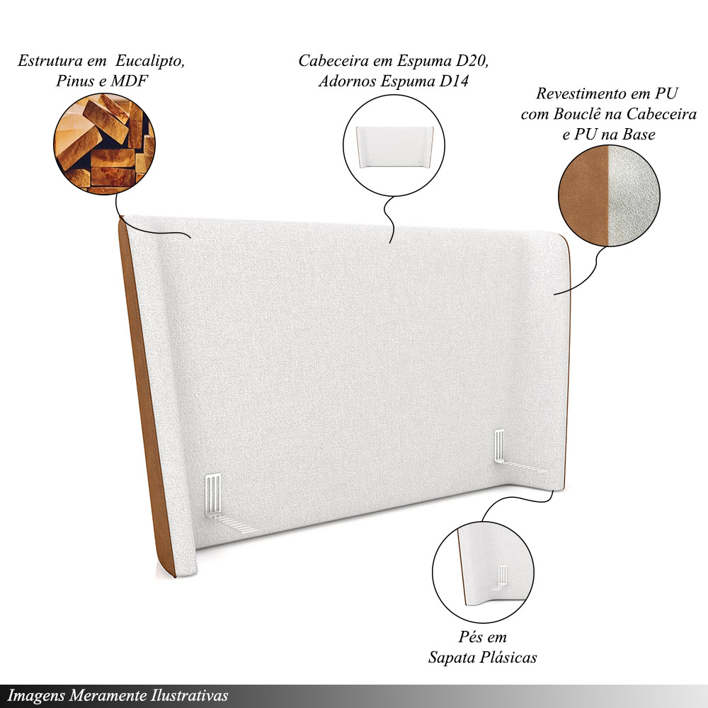 Cabeceira Design para Cama Queen Torres Pés em Madeira PU/Bouclê Caramelo/Off White G91 - Gran Belo
