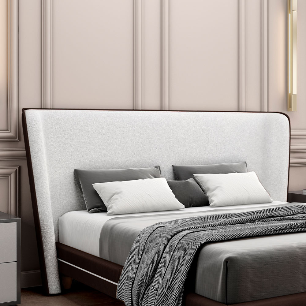 Cabeceira Design para Cama Queen Torres Pés em Madeira PU/Bouclê Marrom/Off White G91 - Gran Belo