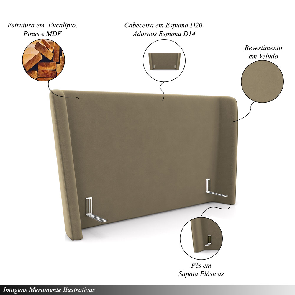 Cabeceira Design para Cama Queen Torres Pés em Madeira Veludo Castor G91 - Gran Belo