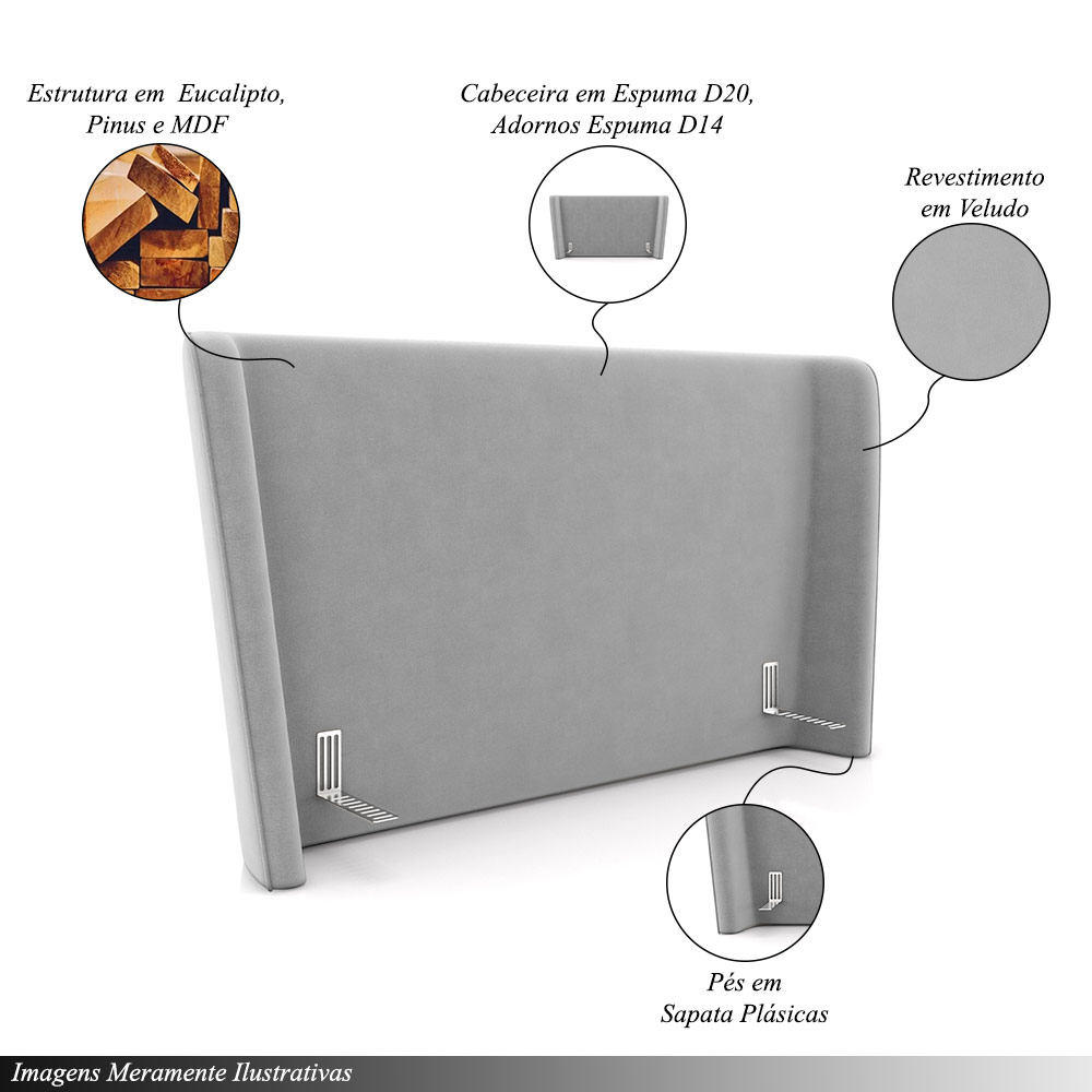 Cabeceira Design para Cama Queen Torres Pés em Madeira Veludo Cinza G91 - Gran Belo