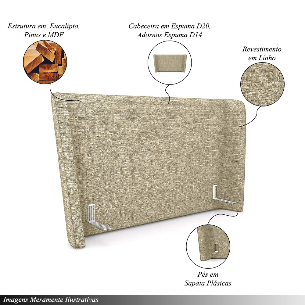 Cabeceira Design para Cama de Casal Torres Pés em Madeira Linho Bege G91 - Gran Belo