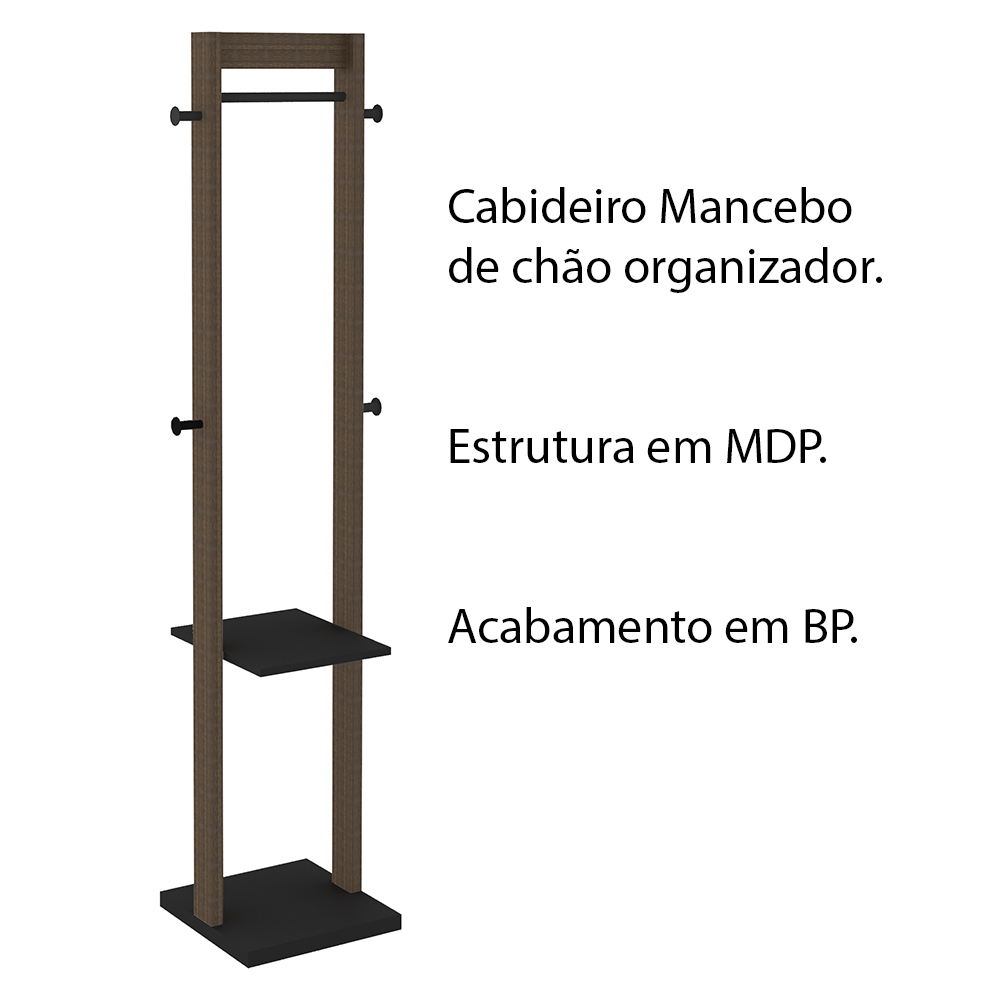 Cabideiro Grande para Quarto Sala de Estar AZ1019 MDP Nogal/Preto G69 - Gran Belo