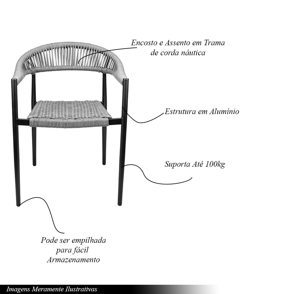 Cadeira Área Externa de Alumínio Carmy com Corda Naútica Preto/Grafite G56 - Gran Belo