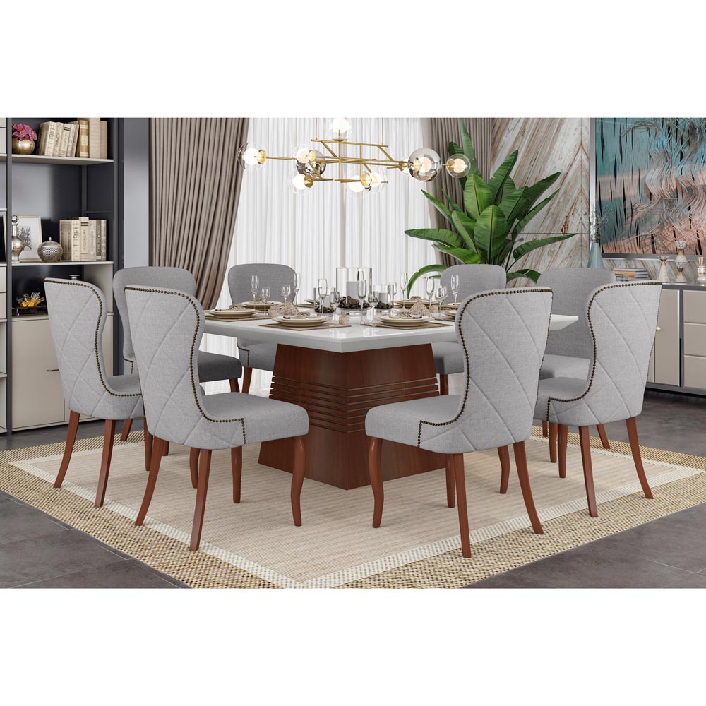 Cadeira Decorativa Sala De Jantar Duque Madeira Linho Cinza G48 - Gran Belo