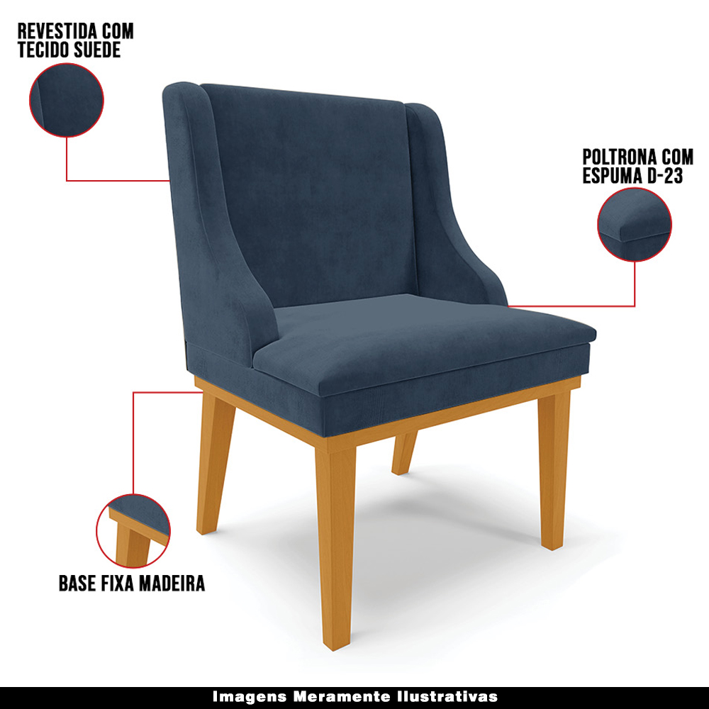 Cadeira Decorativa Sala de Jantar Base Fixa de Madeira Firenze Suede Azul Marinho/Castanho G19 - Gran Belo